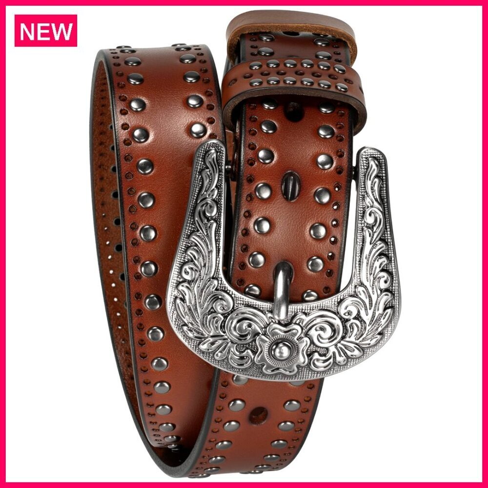 35mm Western Leather Belt with Studded Silver Buckle
